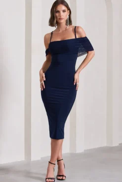 Bethan | Navy Bodycon Strappy Mesh Bardot Midi Dress