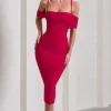 Bethan | Red Bodycon Strappy Mesh Bardot Midi Dress