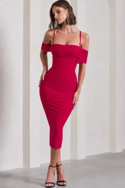 Bethan | Red Bodycon Strappy Mesh Bardot Midi Dress