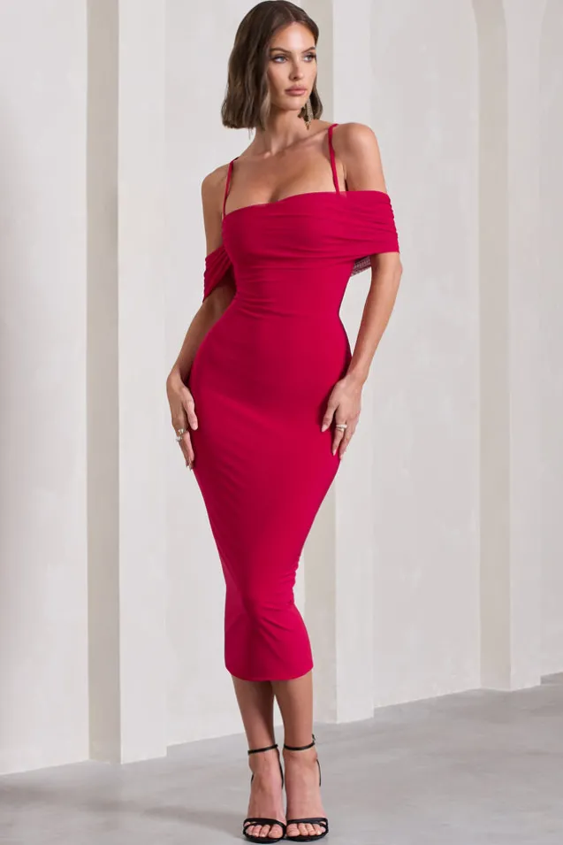 Bethan | Red Bodycon Strappy Mesh Bardot Midi Dress