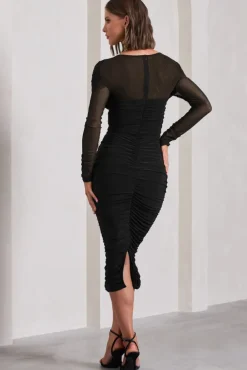 Between The Lines | Black Ruched Mesh Long-Sleeved Bodycon Midi Dress