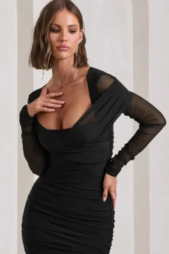 Between The Lines | Black Ruched Mesh Long-Sleeved Bodycon Midi Dress