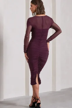 Between The Lines | Plum Ruched Mesh Long-Sleeved Bodycon Midi Dress