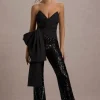 Bianco | Black Sequin Strapless Flared-Leg Jumpsuit With Drape