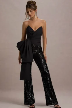 Bianco | Black Sequin Strapless Flared-Leg Jumpsuit With Drape
