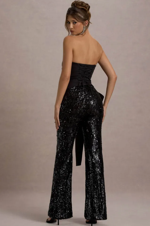 Bianco | Black Sequin Strapless Flared-Leg Jumpsuit With Drape