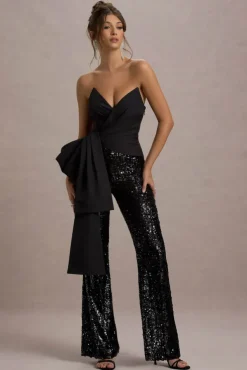 Bianco | Black Sequin Strapless Flared-Leg Jumpsuit With Drape