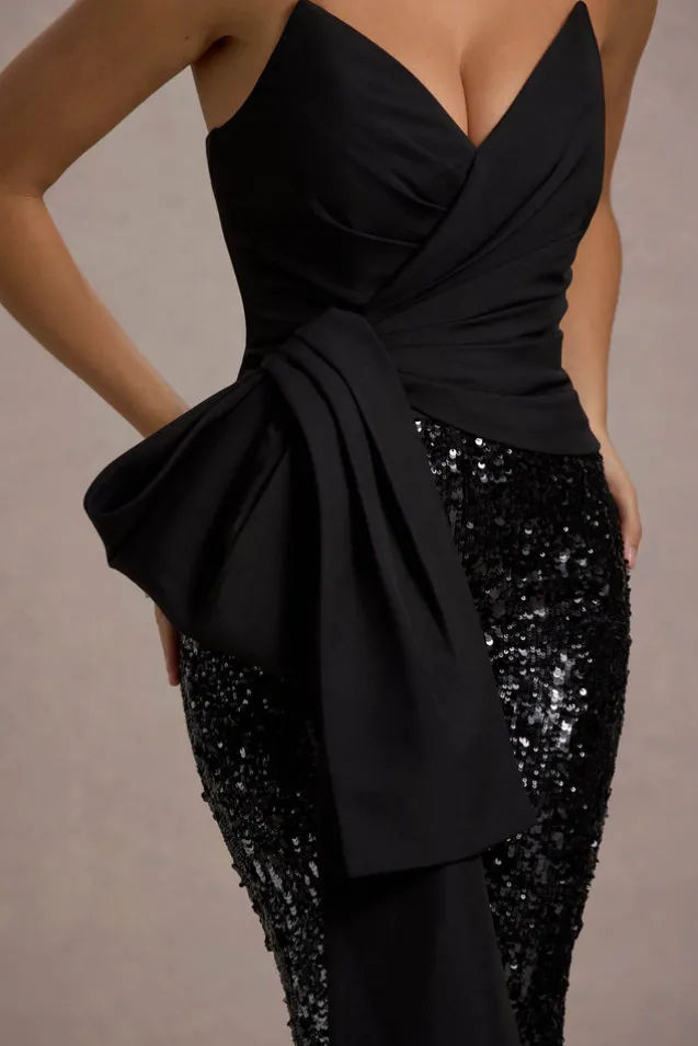 Bianco | Black Sequin Strapless Flared-Leg Jumpsuit With Drape