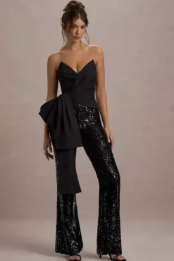 Bianco | Black Sequin Strapless Flared-Leg Jumpsuit With Drape