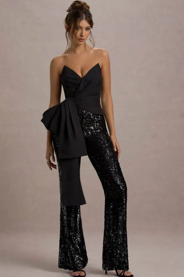 Bianco | Black Sequin Strapless Flared-Leg Jumpsuit With Drape