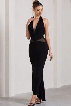 Big Deal | Black Cowl-Neck Maxi Dress With Mesh Inserts