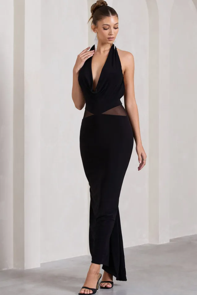 Big Deal | Black Cowl-Neck Maxi Dress With Mesh Inserts