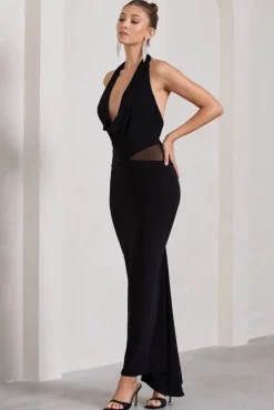Big Deal | Black Cowl-Neck Maxi Dress With Mesh Inserts