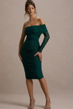 Bijou | Bottle Green Asymmetric Bardot Mesh Ruched Midi Dress