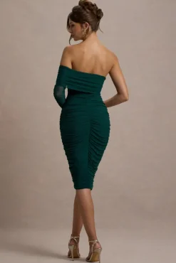 Bijou | Bottle Green Asymmetric Bardot Mesh Ruched Midi Dress