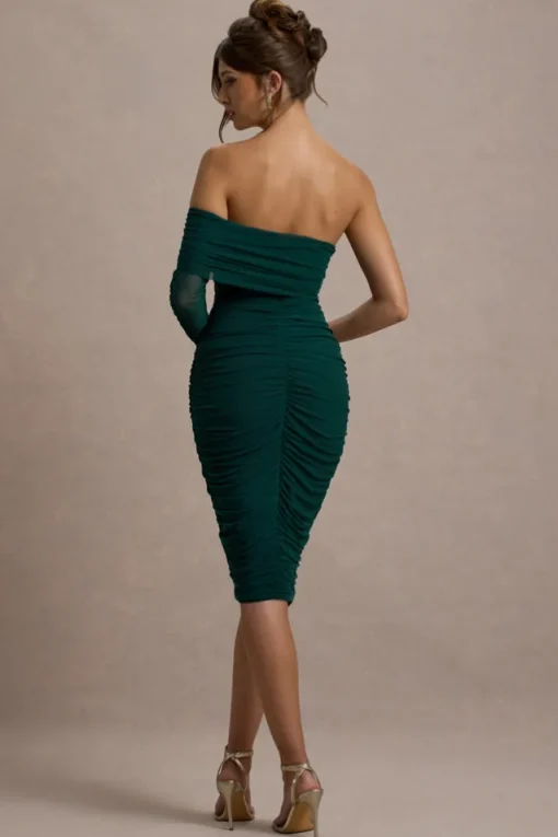 Bijou | Bottle Green Asymmetric Bardot Mesh Ruched Midi Dress
