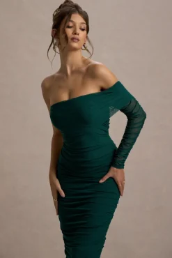 Bijou | Bottle Green Asymmetric Bardot Mesh Ruched Midi Dress