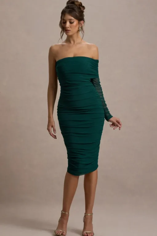 Bijou | Bottle Green Asymmetric Bardot Mesh Ruched Midi Dress
