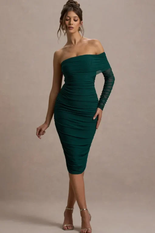Bijou | Bottle Green Asymmetric Bardot Mesh Ruched Midi Dress