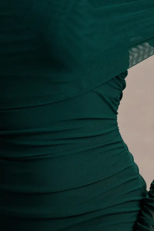 Bijou | Bottle Green Asymmetric Bardot Mesh Ruched Midi Dress