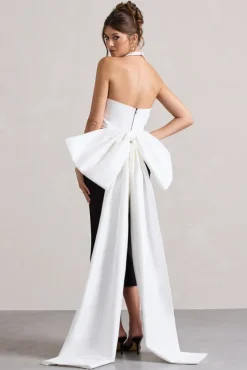 Blanca | Black u0026 White Halter-Neck Cut-Out Midi Dress With Oversized Bow