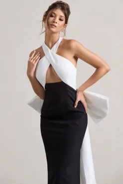 Blanca | Black u0026 White Halter-Neck Cut-Out Midi Dress With Oversized Bow