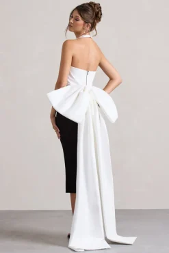 Blanca | Black u0026 White Halter-Neck Cut-Out Midi Dress With Oversized Bow