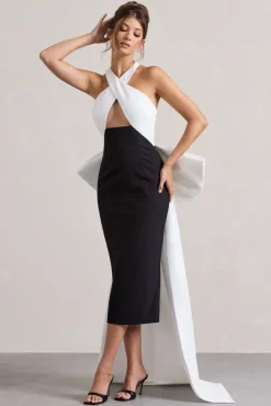 Blanca | Black u0026 White Halter-Neck Cut-Out Midi Dress With Oversized Bow