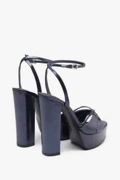 Bold Soul | Navy Strappy Heeled Platform Sandals With Diamante Buckles