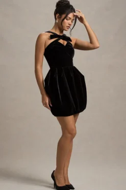 Bonet | Black Strappy Structured Velvet Mini Dress With Bow Detail