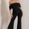 Bonnie | Black Bardot Drape Sleeve Jumpsuit