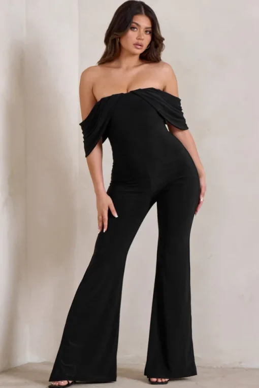Bonnie | Black Bardot Drape Sleeve Jumpsuit