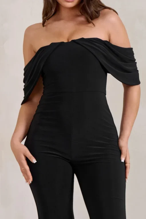 Bonnie | Black Bardot Drape Sleeve Jumpsuit