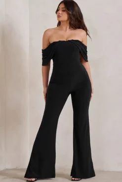 Bonnie | Black Bardot Drape Sleeve Jumpsuit