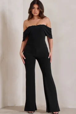 Bonnie | Black Bardot Drape Sleeve Jumpsuit