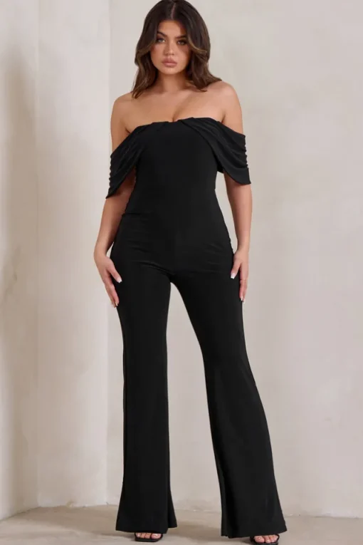 Bonnie | Black Bardot Drape Sleeve Jumpsuit
