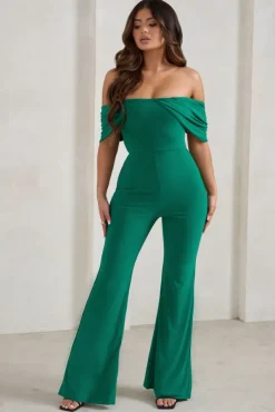 Bonnie | Green Bardot Drape Sleeve Jumpsuit