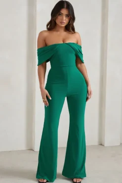 Bonnie | Green Bardot Drape Sleeve Jumpsuit