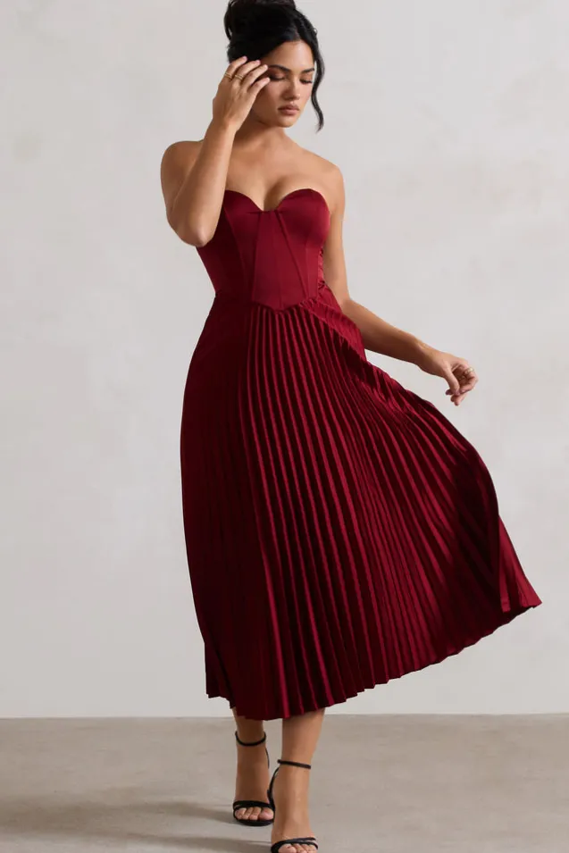 Bordeaux | Berry Satin Corset Style Midi Dress