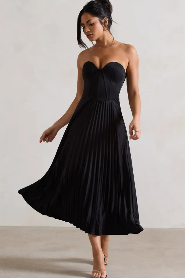 Bordeaux | Black Satin Corset Style Midi Dress