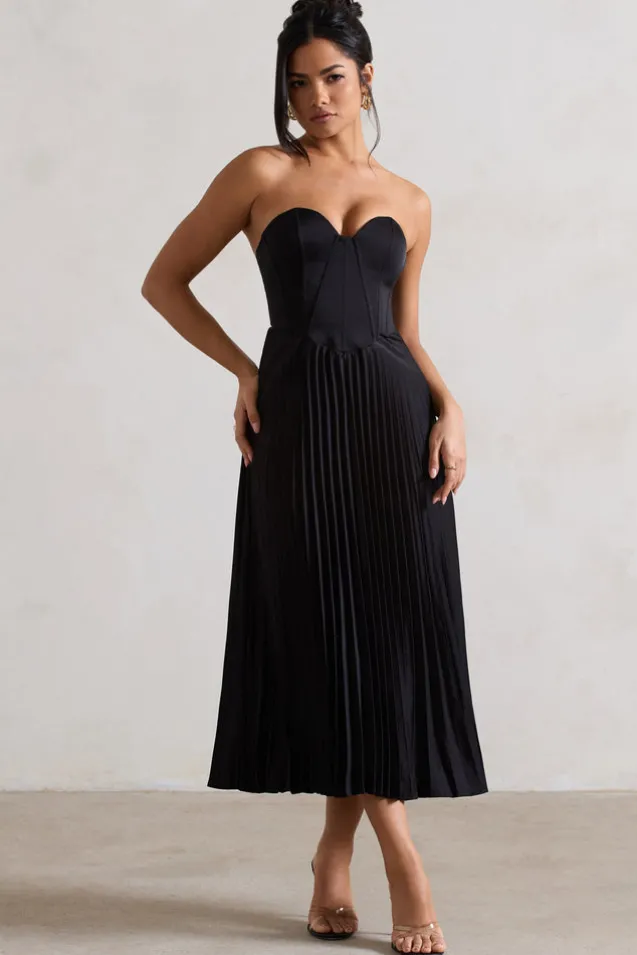 Bordeaux | Black Satin Corset Style Midi Dress