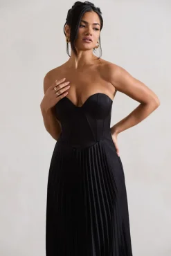 Bordeaux | Black Satin Corset Style Midi Dress