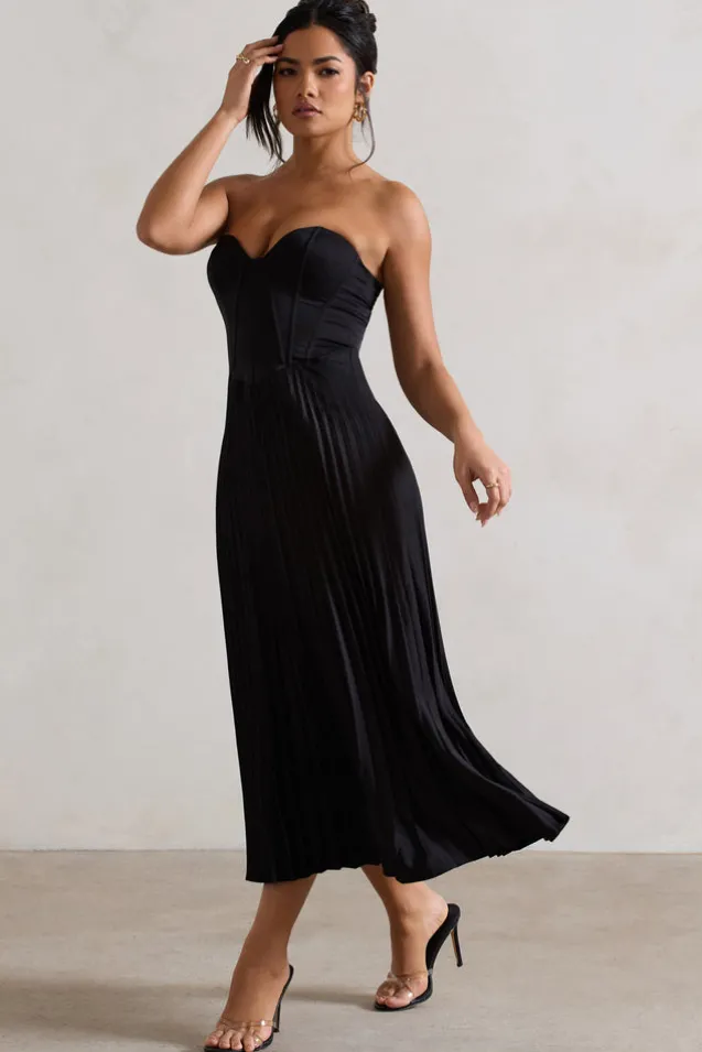 Bordeaux | Black Satin Corset Style Midi Dress