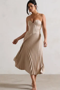 Bordeaux | Champagne Satin Corset Style Midi Dress