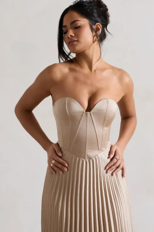 Bordeaux | Champagne Satin Corset Style Midi Dress