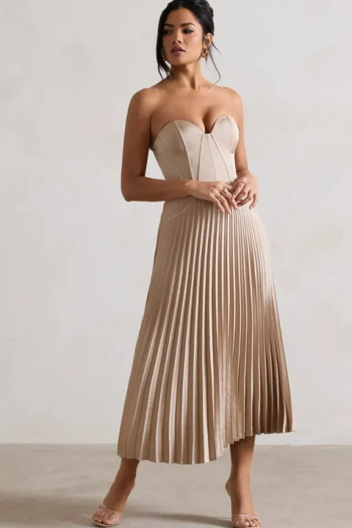 Bordeaux | Champagne Satin Corset Style Midi Dress