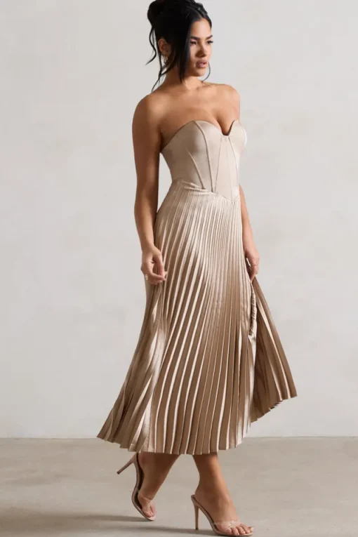Bordeaux | Champagne Satin Corset Style Midi Dress