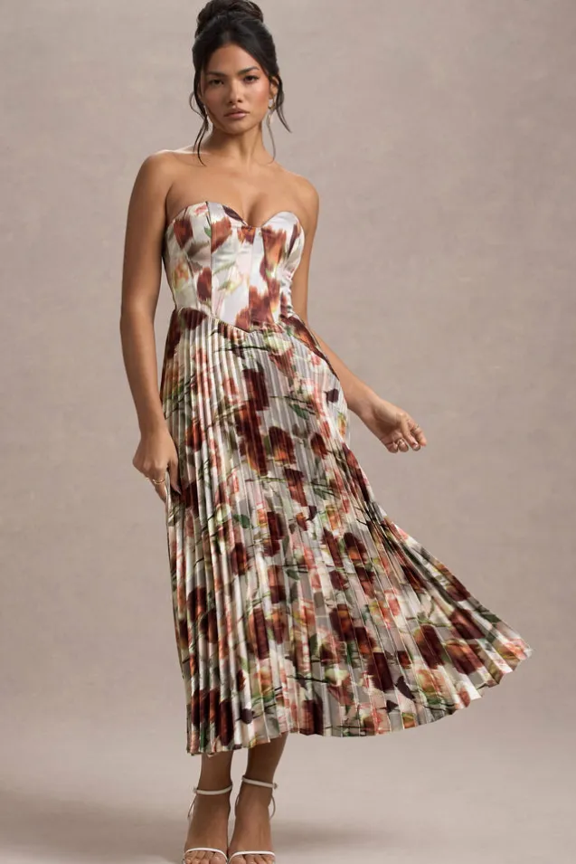 Bordeaux | Cream Floral Print Satin Corset Style Midi Dress