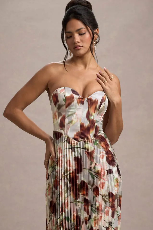 Bordeaux | Cream Floral Print Satin Corset Style Midi Dress