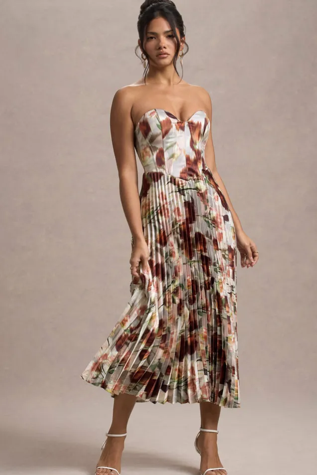 Bordeaux | Cream Floral Print Satin Corset Style Midi Dress